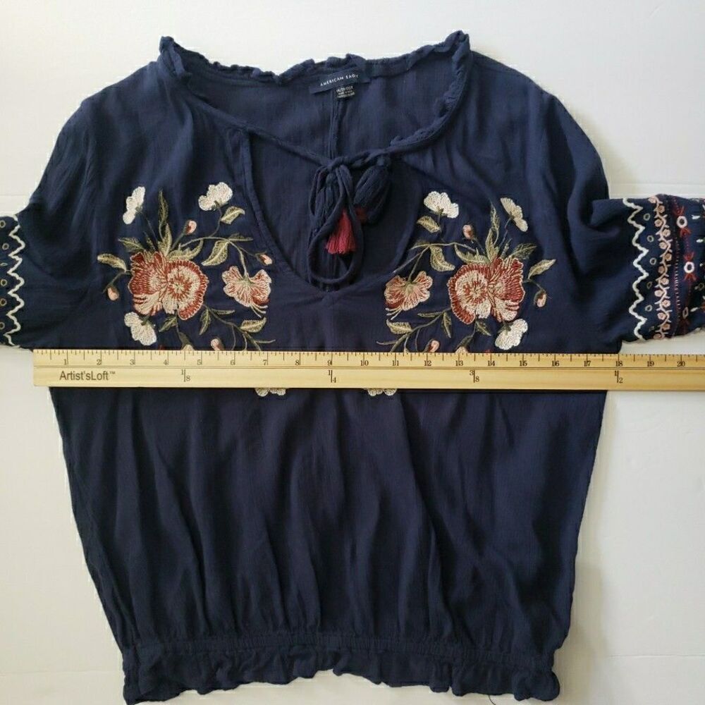 American Eagle Boho Embroidered Tie Neck Top Long Sleeve Semi Sheer Navy Blue XS - Picture 8 of 8